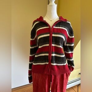 Red, grey, and white striped knit sweater jacket